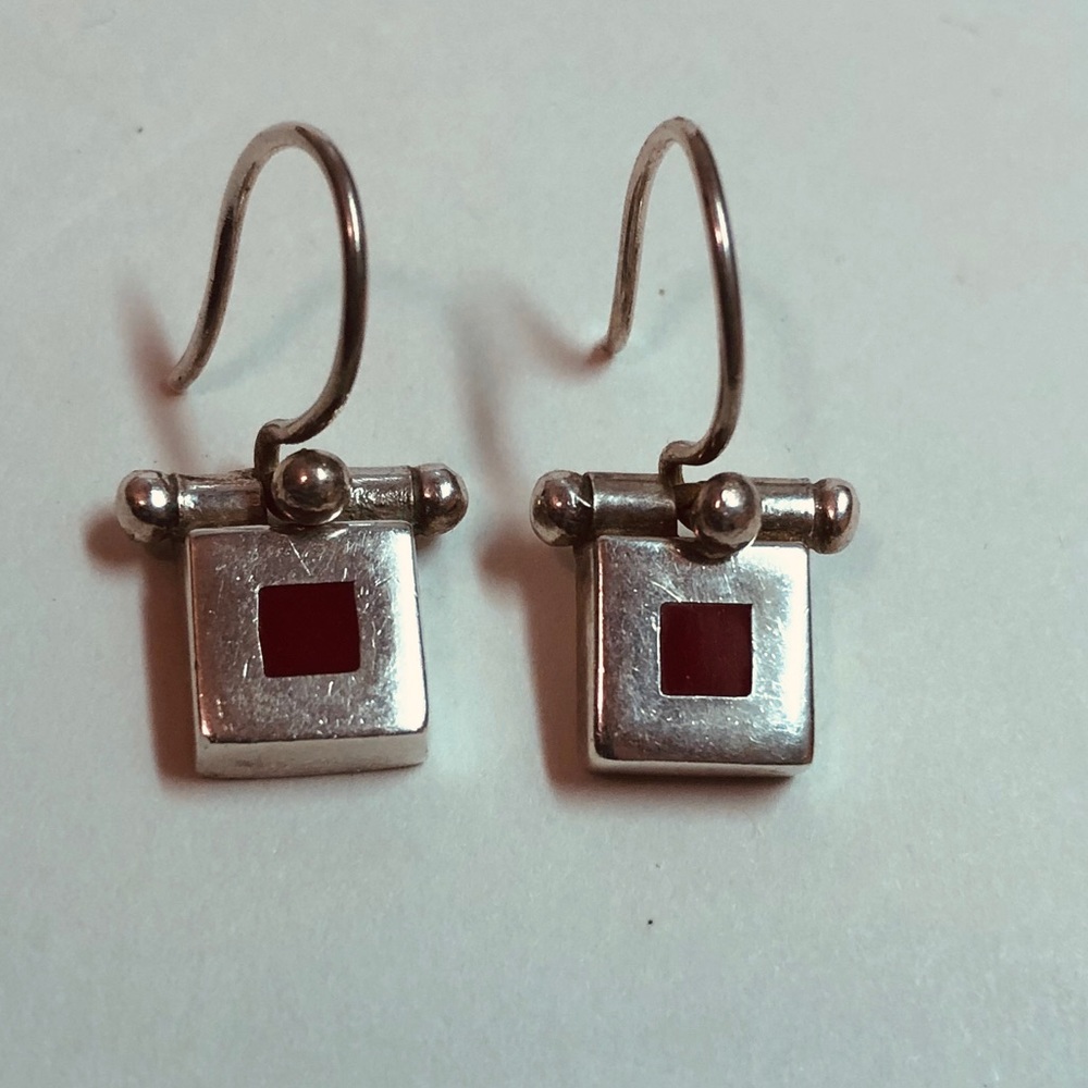 Signed Vintage Silver & Red Artist Earrings